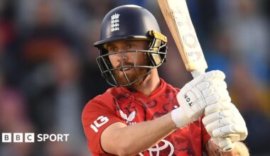 Phil Salt hits out for England during a T20 international against South Africa in September 2025