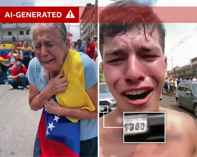 Two screenshots from the AI video with the scrambled text of a licence plate highlighted