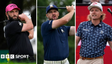 Jon Rahm, Bryson DeChambeau and Cam Smith in a three-way split picture. All three are looking down the fairway after tee shots