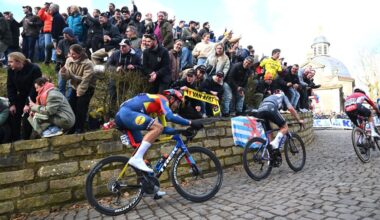 NINOVE, BELGIUM - MARCH 01: Jasper Stuyven of Belgium and Team Lidl-Trek competes climbing the Muur van Geraardsbergen while fans cheer during the 80th Omloop Het Nieuwsblad 2025 - Men&amp;apos;s Elite a 197km one day race from Ghent to Ninove / #UCIWWT / on March 01, 2025 in Ninove, Belgium. (Photo by Luc Claessen/Getty Images)