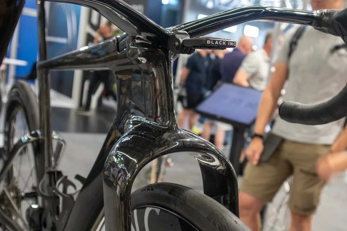 Front end of Factor aero bike showing wide fork.