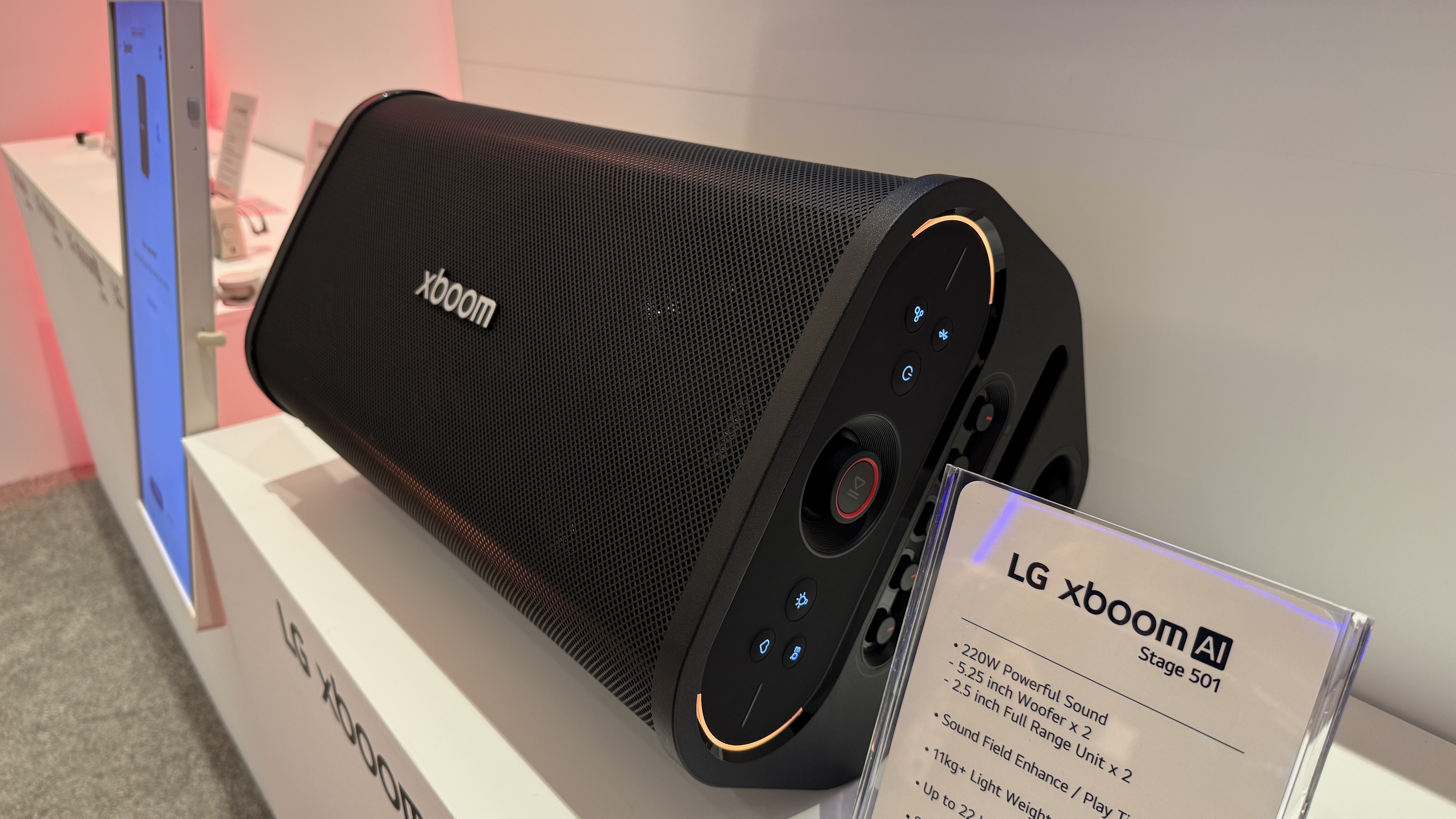 The xboom Stage 501 at CES 2026, showing controls and inputs on its end