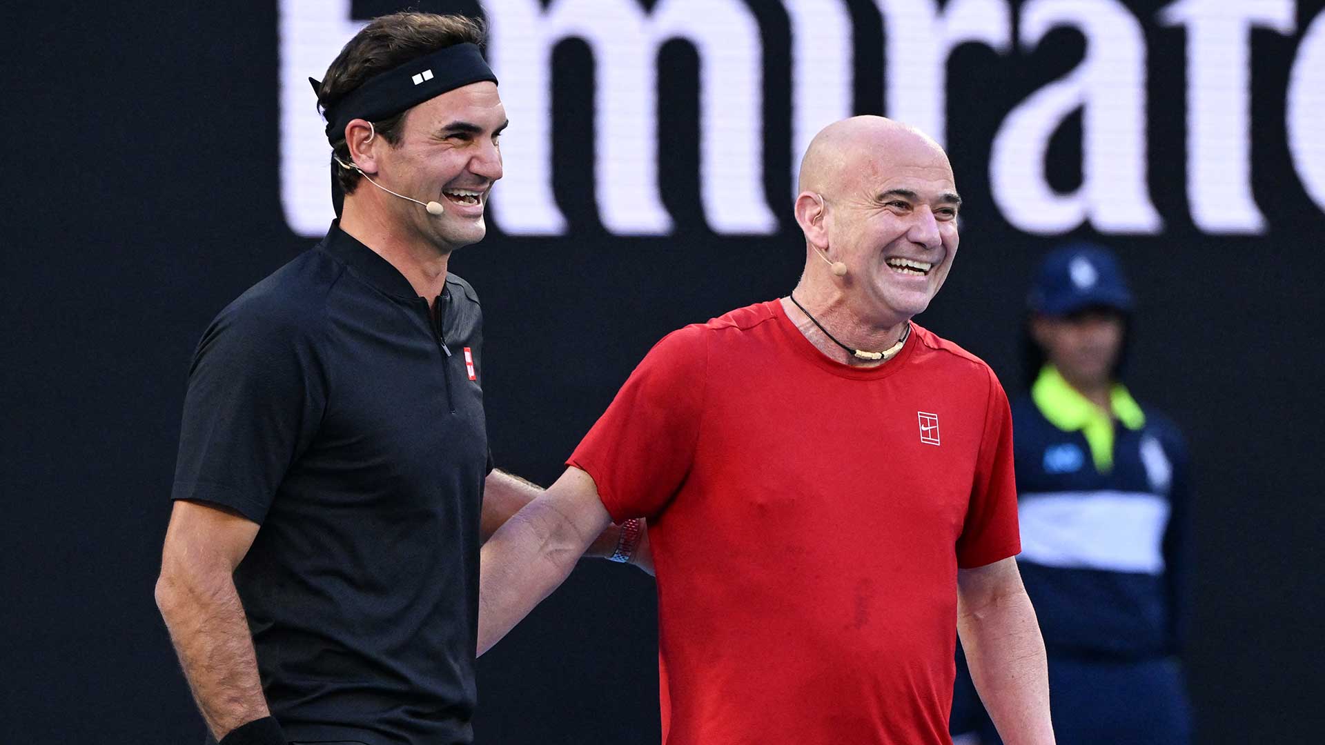 Roger Federer and Andre Agassi team on Saturday in Melbourne.