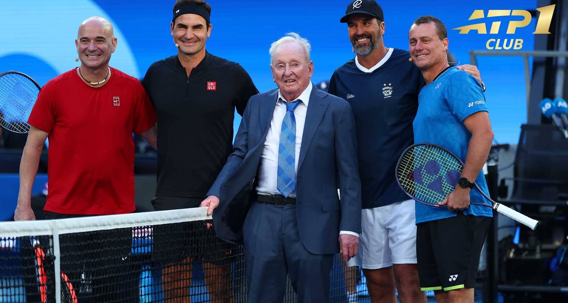 Andre Agassi, Roger Federer, Rod Laver, Patrick Rafter and Lleyton Hewitt in Melbourne on Saturday.