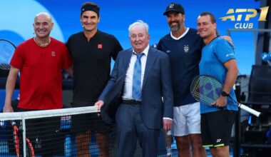 Andre Agassi, Roger Federer, Rod Laver, Patrick Rafter and Lleyton Hewitt in Melbourne on Saturday.