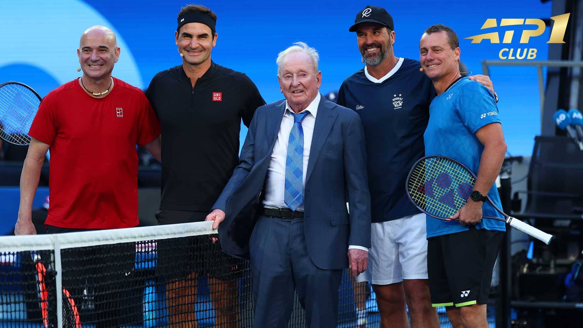 Andre Agassi, Roger Federer, Rod Laver, Patrick Rafter and Lleyton Hewitt in Melbourne on Saturday.