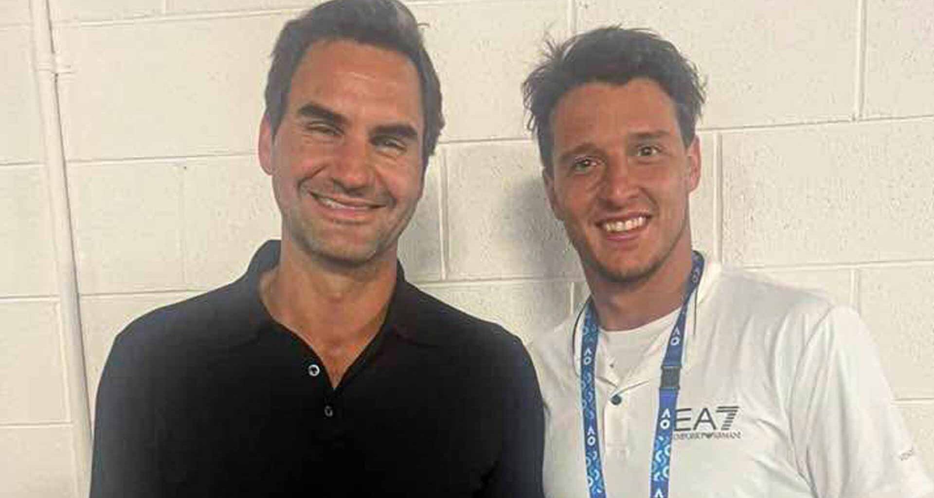 Roger Federer and Luciano Darderi pose for a photo at the 2026 Australian Open, where the Italian is into the second week.