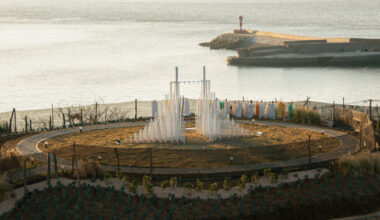 forest of steel pillars creates swinging installation in china