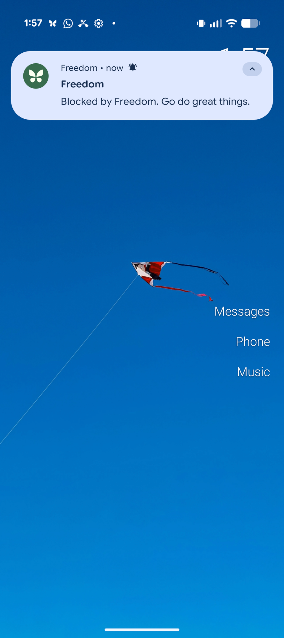 A screenshot showing a notification from Freedom reading "Blocked by Freedom. Go do something great."