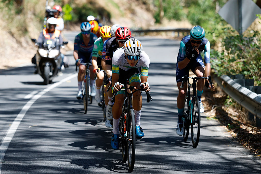 NORWOOD, AUSTRALIA - JANUARY 22: Lucas Stevenson of Australia and Team Australia competes in the breakaway during the 26th Santos Tour Down Under 2026, Stage 2 a 148.1km stage from Norwood to Uraidla 495m / #UCIWT / on January 22, 2026 in Norwood, Australia. (Photo by Con Chronis/Getty Images)