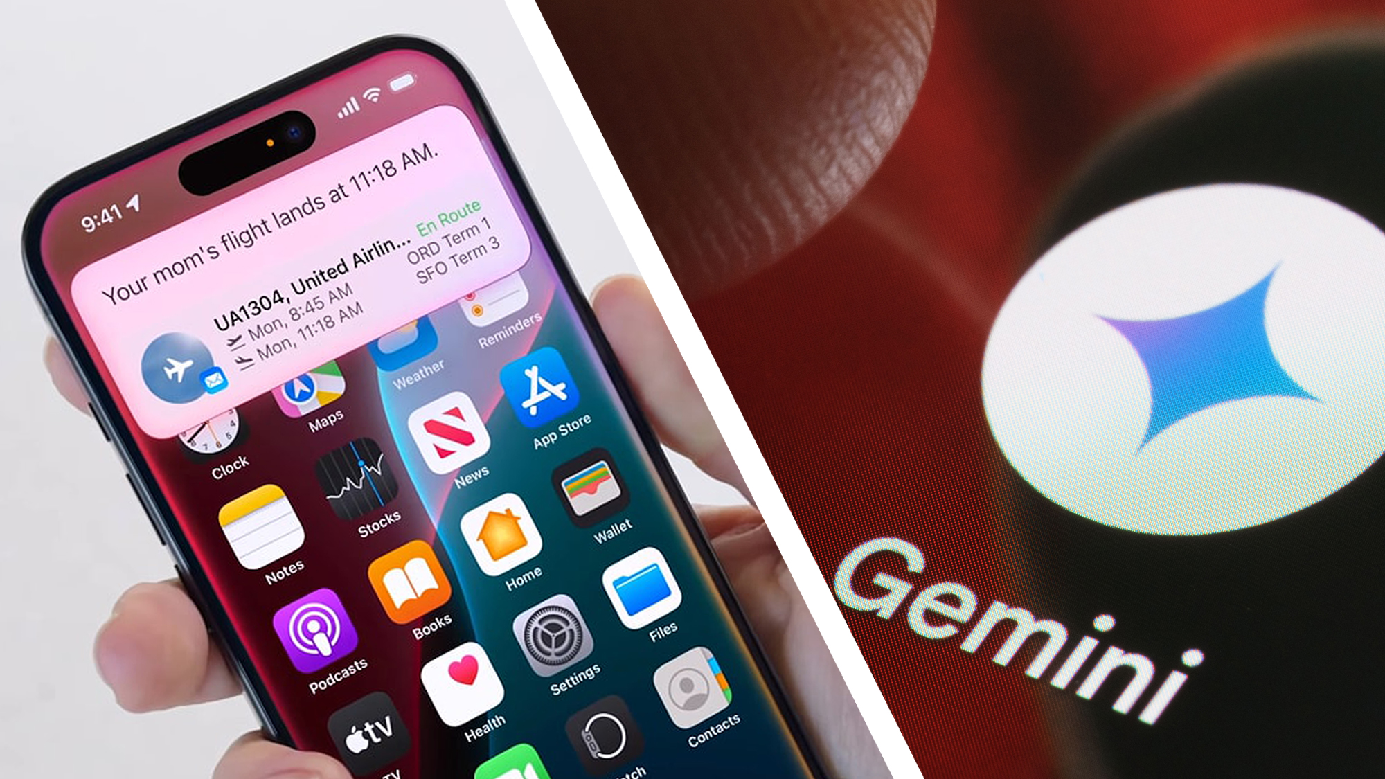 A hand holding an iPhone using Siri and a Gemini logo on a phone