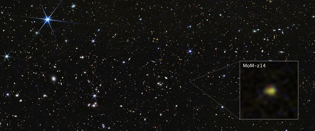 Galaxy MoM-z14 existed just 280 million years after the Big Bang. It's seen here by the James Webb Space Telescope. Credit: NASA, ESA, CSA, STScI, Rohan Naidu (MIT); Image Processing: Joseph DePasquale (STScI)