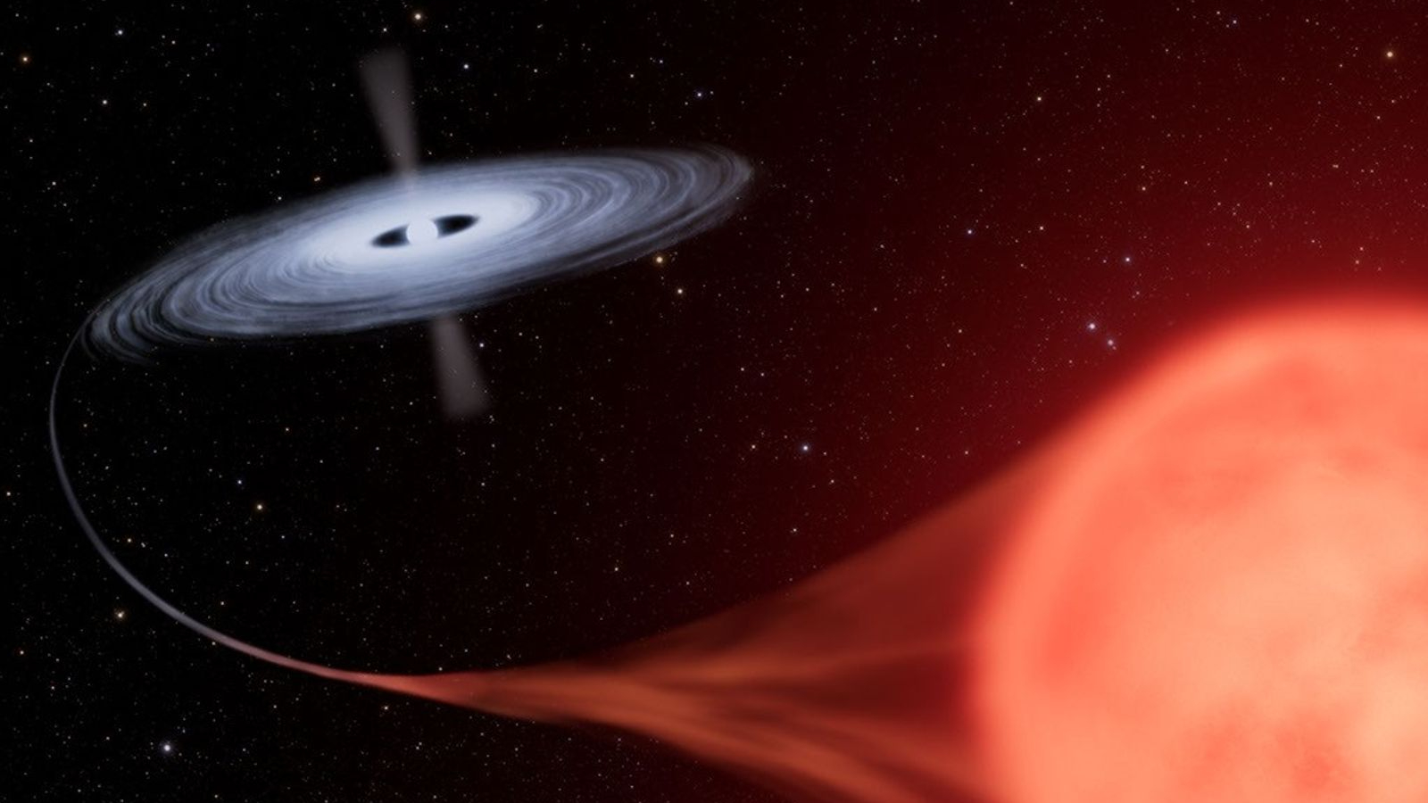 An artist's illustration of a white dwarf stealing material from its partner star