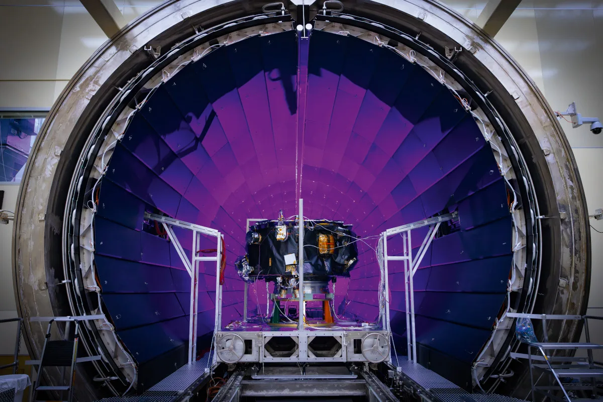 The IMAP spacecraft is being tested in NASA's thermal vacuum chamber