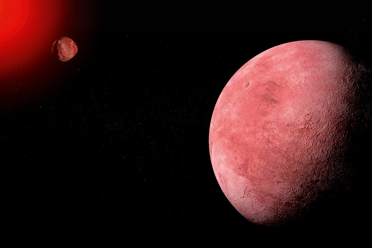 Illustration of Quaoar, dwarf planet, orbiting with Weywot moon near a red star