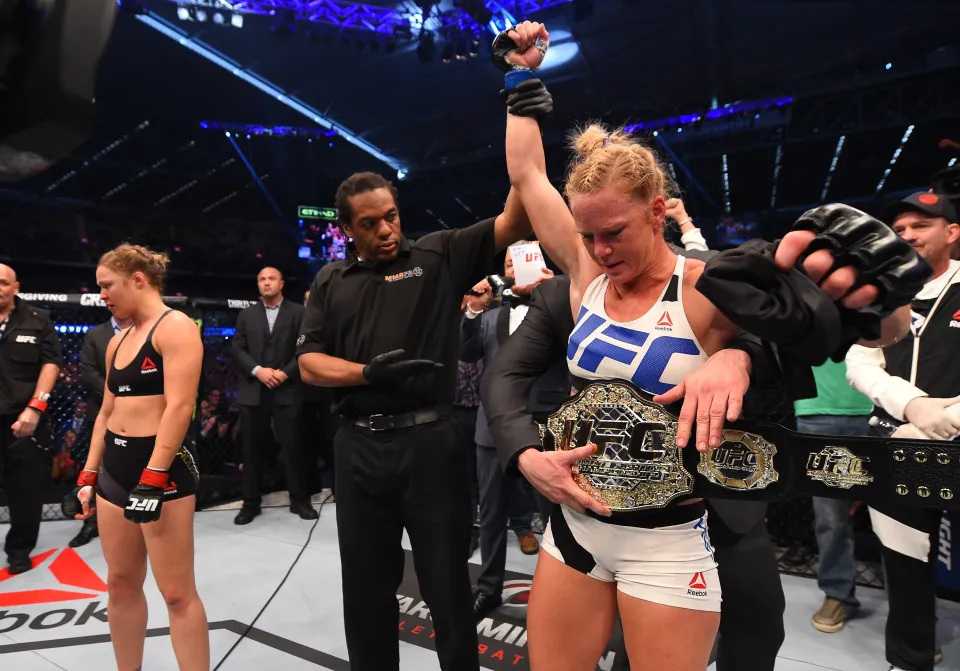 Holly Holm of the United States celebrates after her knockout victory over Ronda Rousey of the United States in their UFC women's bantamweight championship bout during the UFC 193 event at Etihad Stadium on November 15, 2015 in Melbourne, Australia
