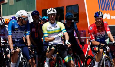 TANUNDA, AUSTRALIA - JANUARY 21: (L-R) Ethan Vernon of Great Britain and NSN Cycling Team, Patrick Eddy of Australia and Team Australia and Danny van Poppel of Netherlands and Team Red Bull - BORA - hansgrohe prior to the 26th Santos Tour Down Under 2026, Stage 1 a 120.6km stage from Tanunda to Tanunda on January 21, 2026 in Tanunda, Australia. (Photo by Con Chronis/Getty Images)