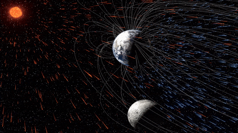 GIF showing simulation of moon passing through ions being blown of Earth by the solar wind