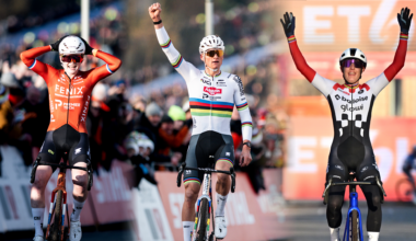 Collage of photos of Puck Pieterse, Mathieu van der Poel and Lucinda Brand winning cyclo-cross races