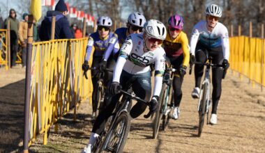Lizzy Gunsalus (CCB p/b Levine Law Group) rides in Pan-Am champions jersey at front of elite women's race at 2025 US Cyclocross Nationals
