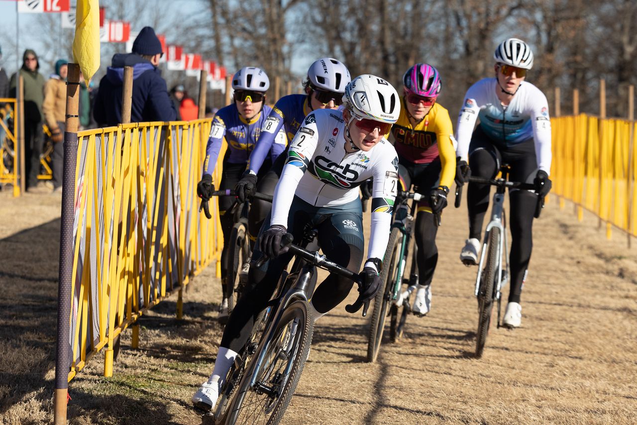 Lizzy Gunsalus (CCB p/b Levine Law Group) rides in Pan-Am champions jersey at front of elite women's race at 2025 US Cyclocross Nationals