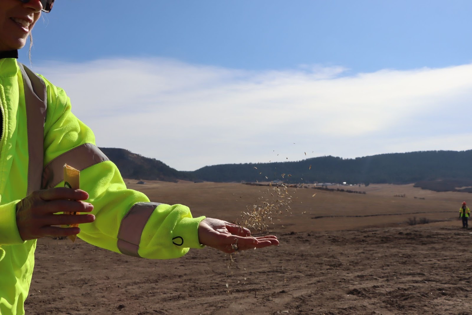 A worker scattering seeds on dirt covered wildlife crossing