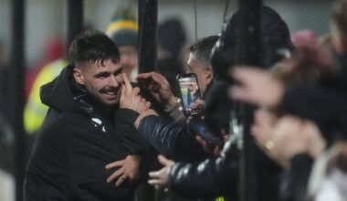Claudio Braga of Hearts celebrates with fans