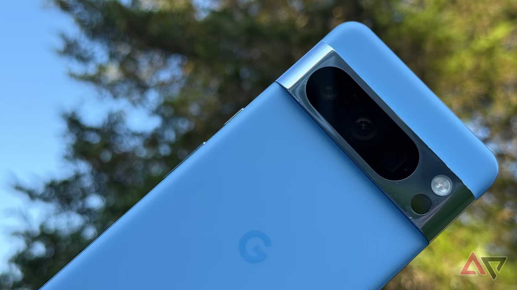 A cropped image of the back of a Pixel 8 Pro with the camera bar in focus