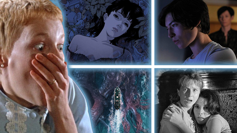 Composite image of Mia Farrow looking shocked with hand over her face in Rosemary's Baby, Mima laying amongst plants in Perfect Blue, Ezra Miller sitting in front of Tilda Swinton in We Need to Talk About Kevin, a ship floating above a giant squid-like sea creature in Sea Fever, and Julie Harris and Claire Bloom huddled together looking scared in The Haunting