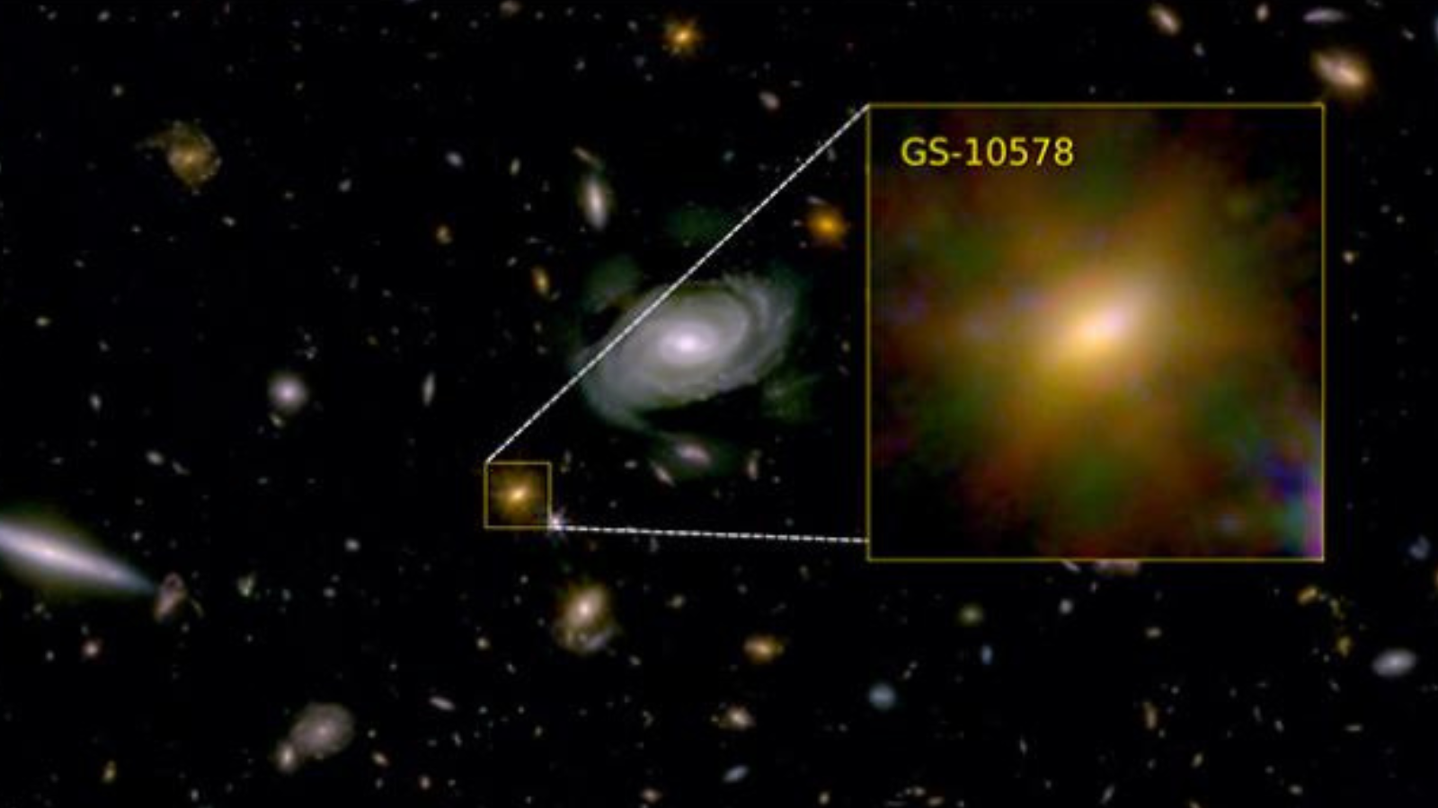 The young galaxy GS-10578 as seen by the JWST which was starved to death by its supermassive black hole