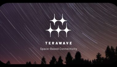 photo showing circular star trails in a night sky with the words "terawave: space-based connectivity" over it in white