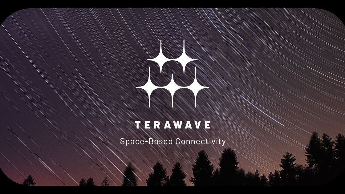 photo showing circular star trails in a night sky with the words "terawave: space-based connectivity" over it in white