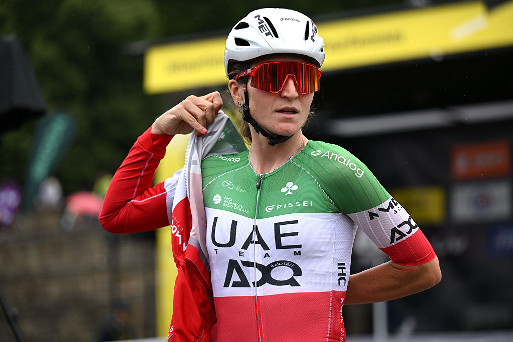 BREST, FRANCE - JULY 27: Elisa Longo Borghini of Italy and UAE Team ADQ prior to the 4th Tour de France Femmes 2025, Stage 2 a 110.4km stage from Brest to Quimper / #UCIWWT / on July 27, 2025 in Brest, France. (Photo by Szymon Gruchalski/Getty Images)