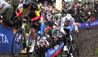GAVERE, BELGIUM - DECEMBER 26: (L-R) Thibau Nys of Belgium and Team Baloise Glowi Lions and Mathieu Van Der Poel of Netherlands and Team Alpecin-Deceuninck compete during the 4th UCI Cyclo-cross World Cup Gavere 2025 - Men&amp;apos;s Elite on December 26, 2025 in Gavere, Belgium. (Photo by Luc Claessen/Getty Images)