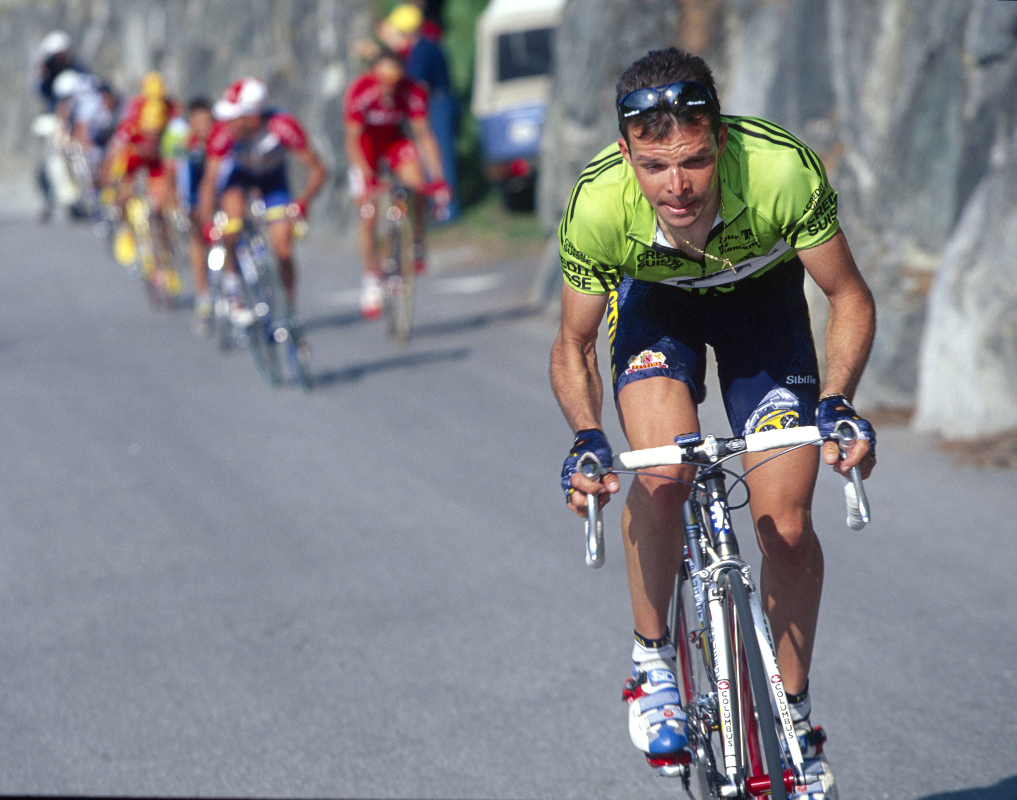 Laurent Dufaux attacks to win stage three of the 1998 Tour de Romandie from Montreux to Veysonnaz . (Photo by Graham Watson/Getty Images)