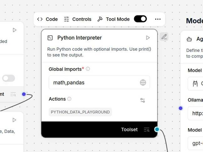 The agent's data analytics functionality is achieved using a Python interpreter rather than relying on the model to make sense of the CSV on its own.