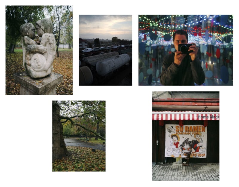 A collage of five photos: a statue of two figures kissing, a train with tank cars at sunset, a man taking a photo in front of colorful lights, a tree by a road covered with autumn leaves, and a mural of people eating ramen.