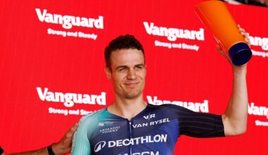 TANUNDA, AUSTRALIA - JANUARY 21: Tobias Lund Andresen of Denmark and Decathlon CMA CGM Team celebrates at podium as stage winner during the 26th Santos Tour Down Under 2026, Stage 1 a 120.6km stage from Tanunda to Tanunda on January 21, 2026 in Tanunda, Australia. (Photo by Con Chronis/Getty Images)