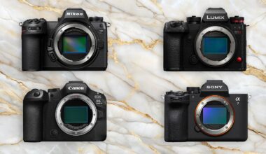 Four mirrorless camera bodies from Nikon, Lumix, Canon, and Sony are arranged in a grid on a marble background, each showing their lens mounts and sensors.