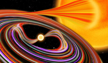 This artist’s concept depicts a smaller white dwarf star pulling material from a larger star, right, into an accretion disk. Earlier this year, scientists used NASA’s IXPE (Imaging X-ray Polarization Explorer) to study a white dwarf star and its X-ray polarization.