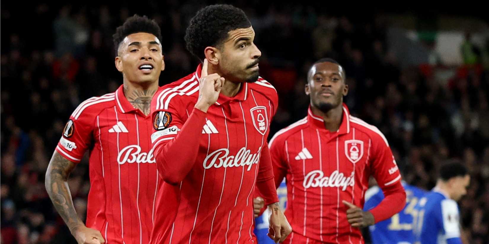 Morgan Gibbs-White celebrating after scoring for Nottingham Forest in the UEFA Europa League against Porto