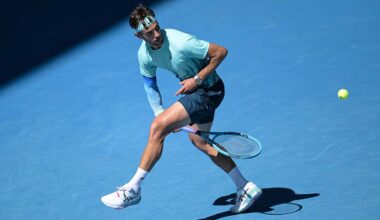 Lorenzo Musetti in action against Taylor Fritz on Monday at the Australian Open.