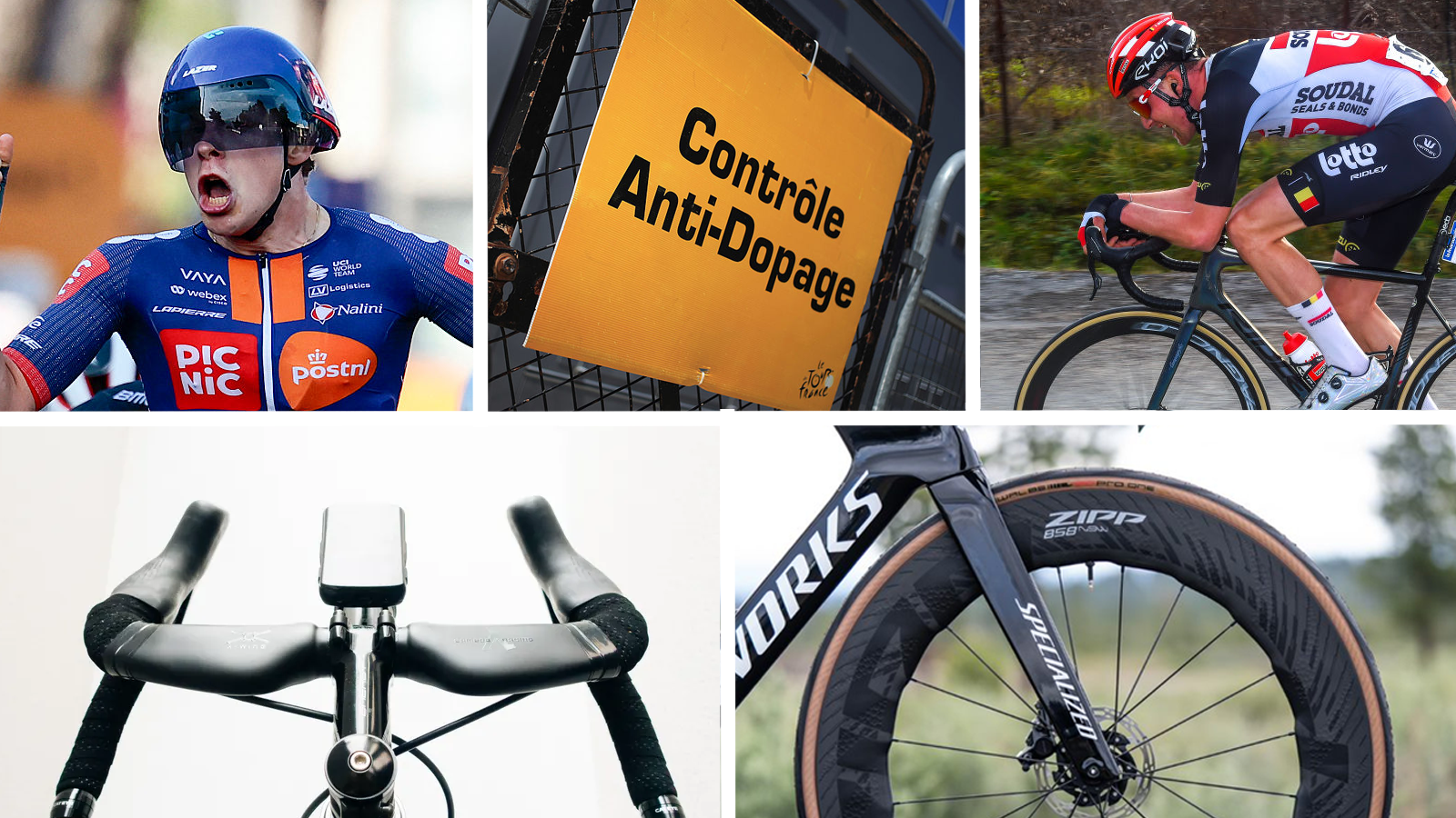 A collage of images showing a time trial helmet, a doping control sign, a rider using the puppy paws position, a narrow handlebar, and a deep wheel