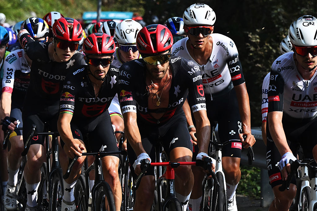 BERGAMO, ITALY - OCTOBER 11: (L-R) Julian Alaphilippe of France, Larry Warbasse of United States and Team Tudor Pro Cycling Team and Isaac Del Toro of Mexico and Team UAE Team Emirates during the 119th Il Lombardia 2025 a 241km one day race from Como to Bergamo on October 11, 2025 in Bergamo, Italy. (Photo by Dario Belingheri/Getty Images)