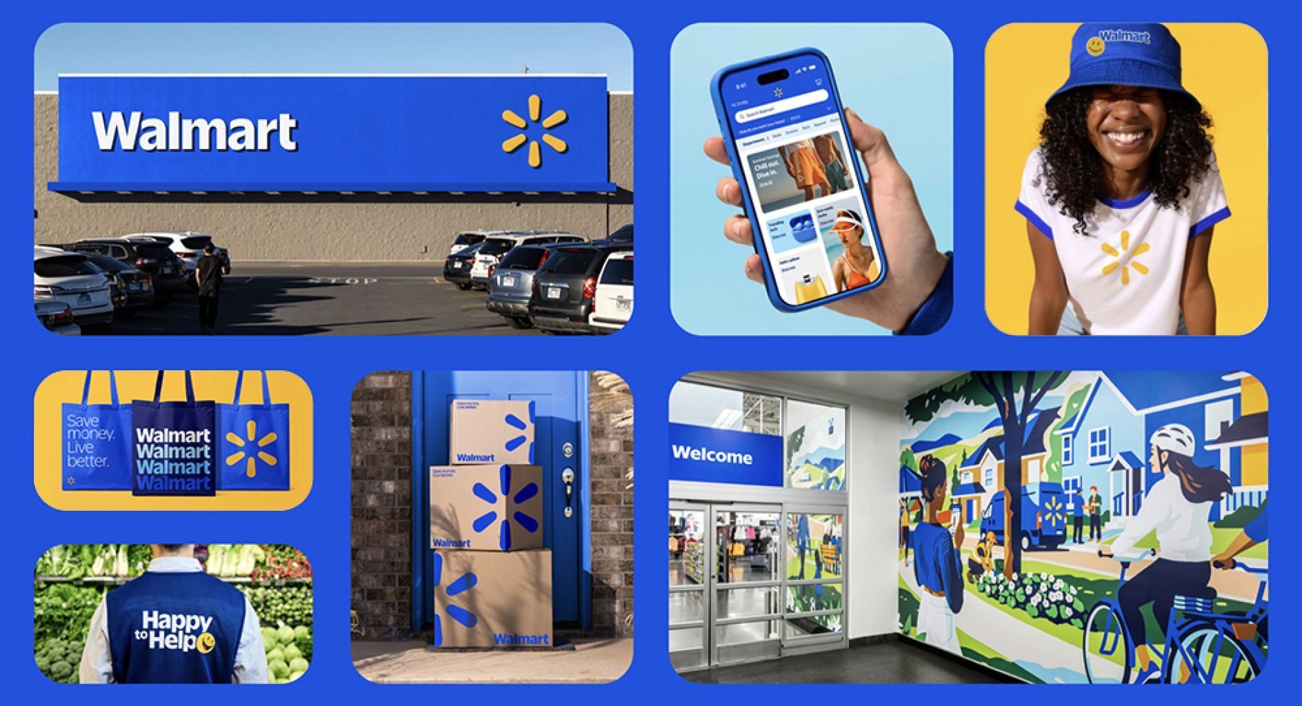 A collage showcasing various Walmart brand applications, including a storefront, a mobile app, apparel, tote bags, delivery boxes, employee vests, and a colorful in-store mural.