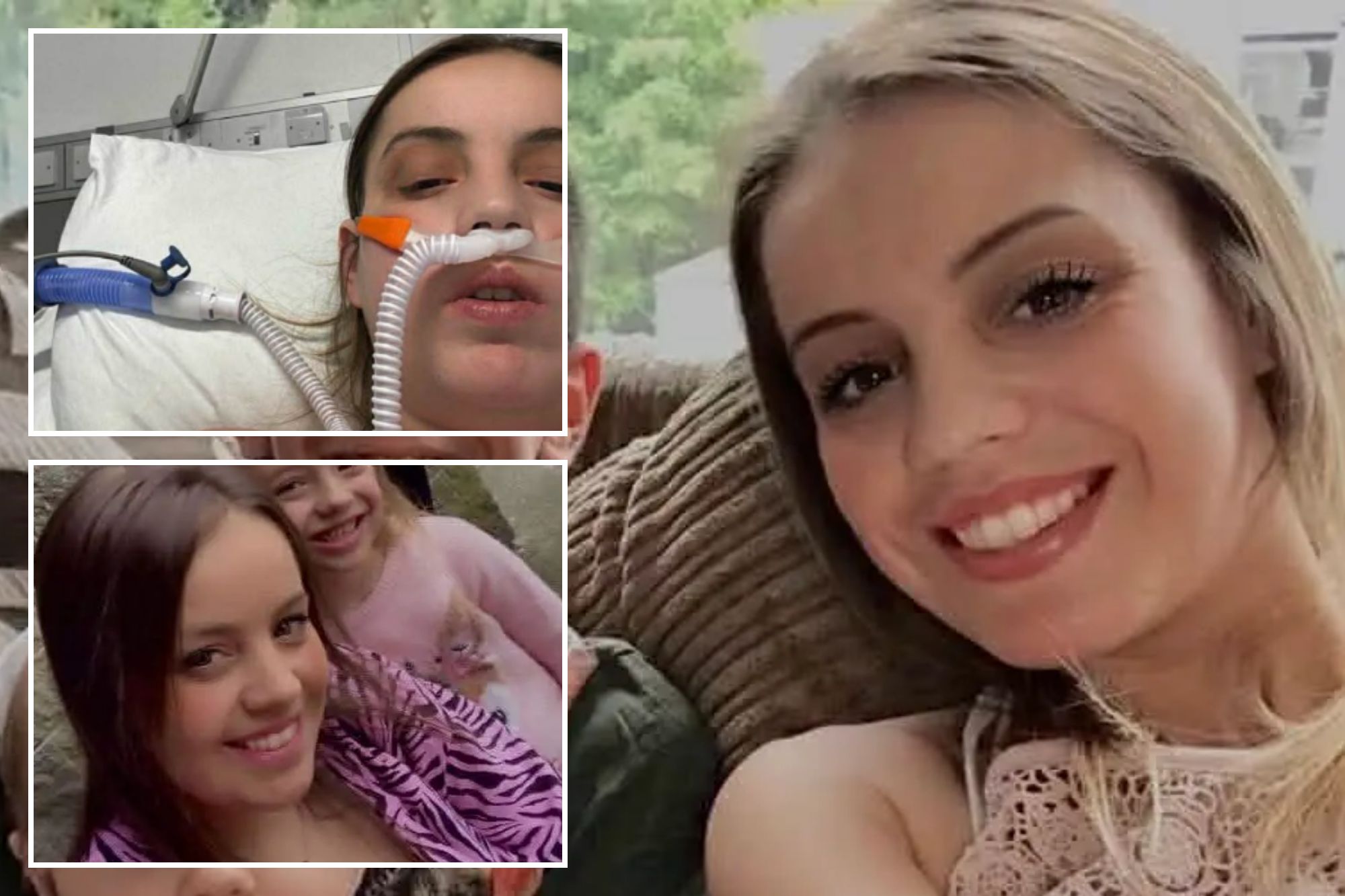 An image collage containing 3 images, Image 1 shows Ashley Grigor with her daughter and son, Image 2 shows A woman in a hospital bed with a respiratory tube in her mouth and a feeding tube in her nose, Image 3 shows Ashley Grigor with her daughter Jane-Ashley and son Kye