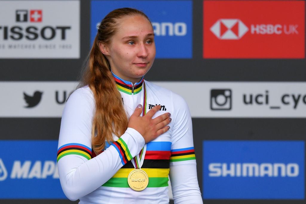 HARROGATE, ENGLAND - SEPTEMBER 27: Podium / Megan Jastrab of The United States Gold medal / Celebration / during the 92nd UCI Road World Championships 2019, Women Junior Road Race a 86km race from Doncaster to Harrogate 121m / @Yorkshire2019 / #Yorkshire2019 / on September 27, 2019 in Harrogate, England. (Photo by Tim de Waele/Getty Images)