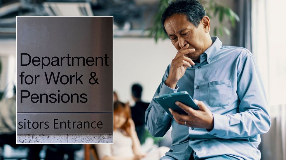 Older man looking sat tablet and DWP sign