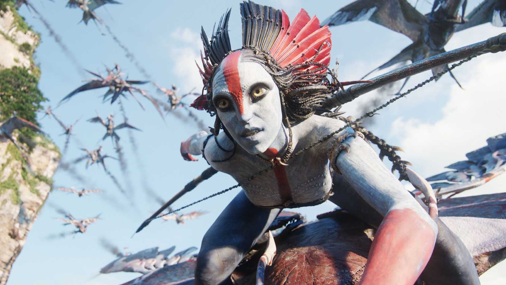 Oona Chaplin as Varang flying on a creature in Avatar Fire and Ash