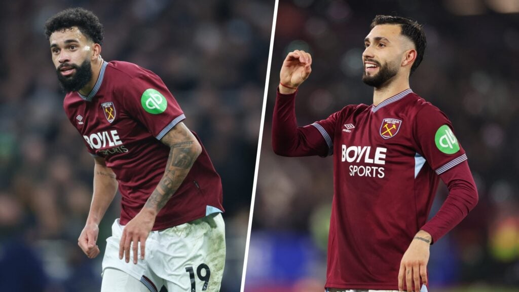 Split image showing Pablo Felipe playing for West Ham and Taty Castellanos playing for West Ham